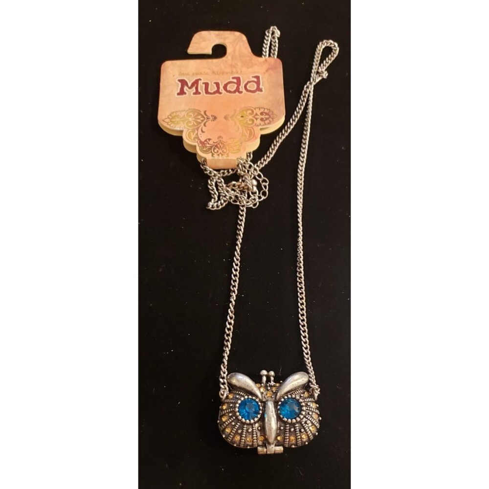 Quirky, Earthy, Boho - Mudd Long Necklace - Locket with Bejeweled Owl Face - NWT